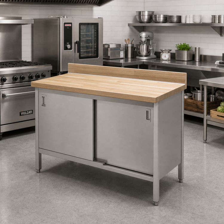 Product image #2 for John Boos 48 Inch x 24 Inch Wood Top Work Table with Stainless Steel Cabinet Base, Sliding Doors, and 4 Inch Coved Riser