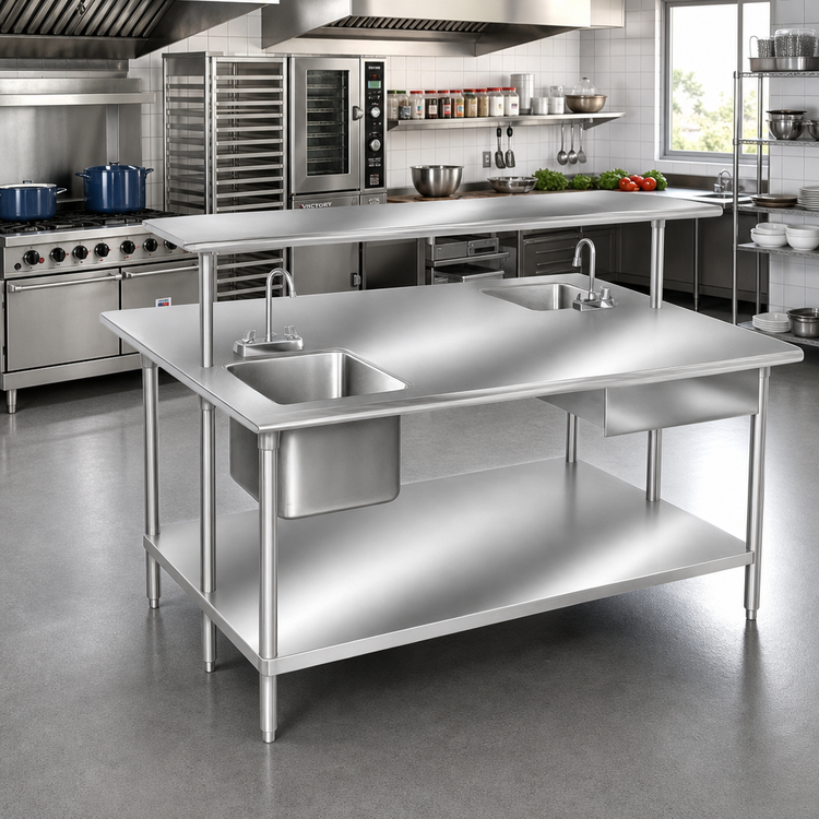 Product image #2 for Advance Tabco 144 x 48-Inch 14-Gauge 304 Stainless Steel Work Table with Open Base and Bullet Feet
