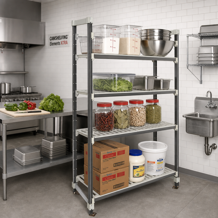 Product image #2 for Cambro Camshelving Elements XTRA High Density Top Rail Stationary Starter Unit, 24 x 42 x 81 Inches, 5-Tier, Speckled Gray