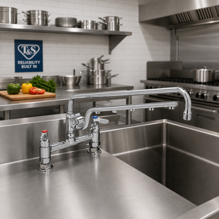 Product image #2 for T&S Brass UltraRinse 8-Inch Adjustable-Center Deck Mount Mixing Faucet with 18-Inch Swing Nozzle and 16-Inch Spray Arm
