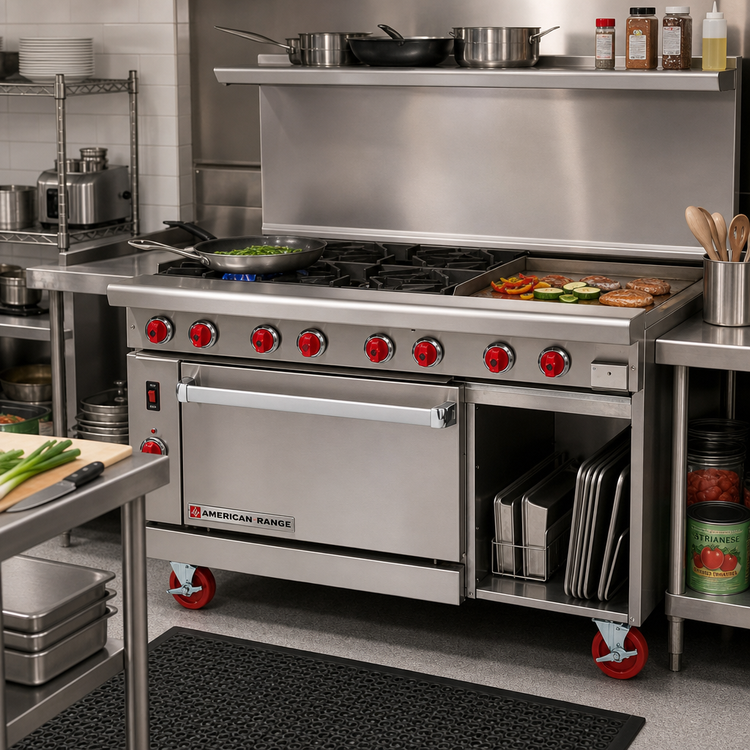 Product image #2 for American Range 48-Inch Green Flame Commercial Gas Range with 12-Inch Griddle, 6 Open Burners, Left Convection Oven, and Right Storage Base