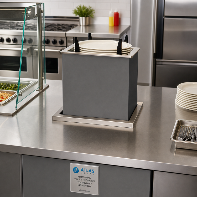 Product image #2 for Atlas Metal Heated Drop-In Oval Platter Dispenser with Enclosed Frame, 15" x 11" Capacity