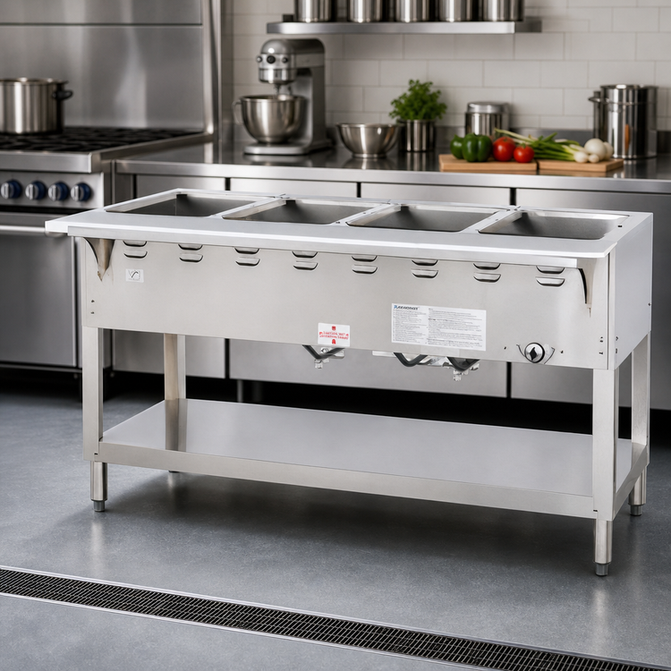 Product image #2 for Aerohot Wet Bath Gas Steam Table with 4-Pan Open Water Bath, Stainless Steel Top, and Open Base with Undershelf