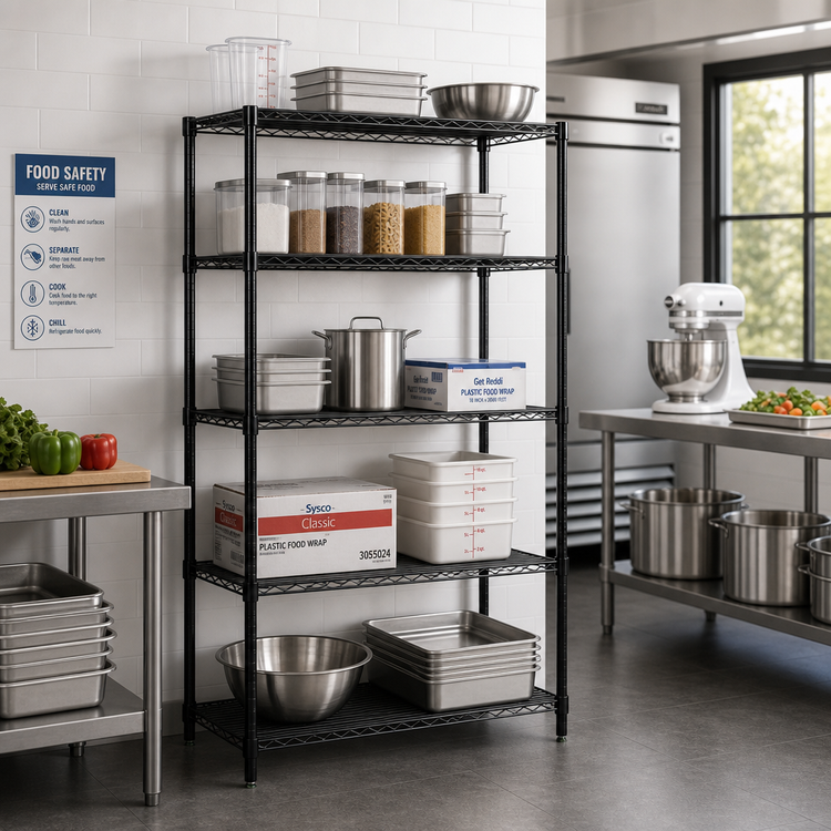Product image #2 for Quantum 48" W x 24" D x 74" H Wire Shelving Starter Kit, 5 Shelves, Black Epoxy Antimicrobial Finish