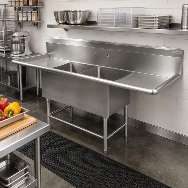 Product image #2 for John Boos Pro-Bowl 2-Compartment Sink with Left & Right Drainboards, 135-1/4" W x 29-1/2" D, 14-Gauge Type 300 Stainless Steel