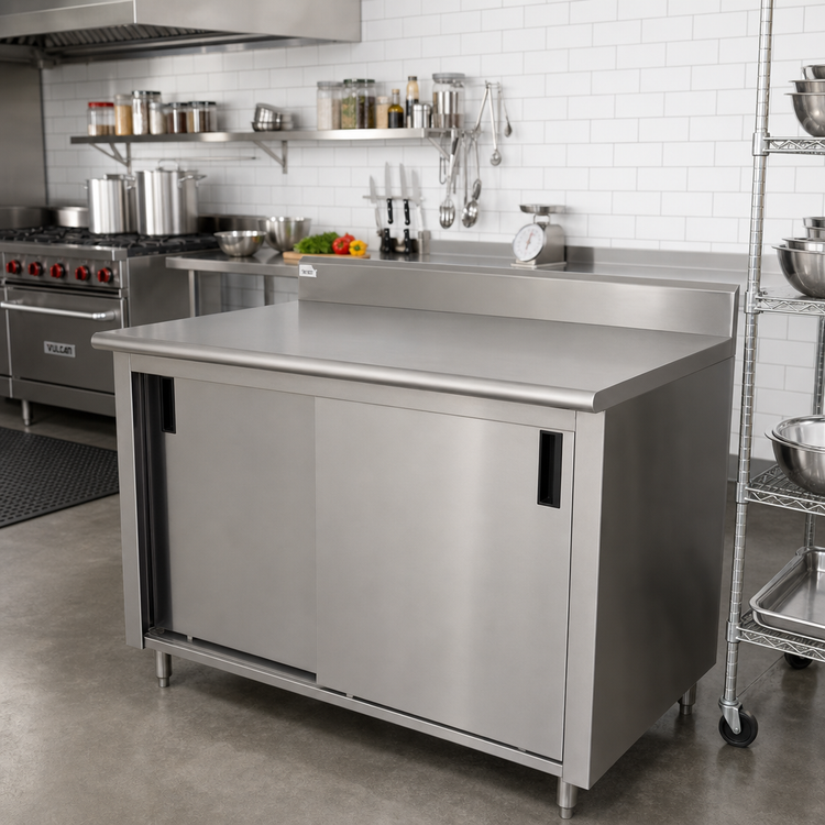 Product image #2 for Advance Tabco 84-Inch x 30-Inch Enclosed Work Table with Cabinet Base, Sliding Doors, and 5-Inch Backsplash