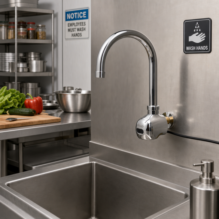 Product image #2 for equip Low-Lead Wall-Mount Touchless Electronic Sensor Faucet with Swivel Gooseneck and Thermostatic Mixing Valve