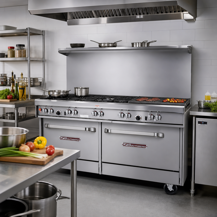 Product image #2 for Southbend Ultimate 60-Inch Gas Restaurant Range with 4 Star/Sauté Burners, 36-Inch Charbroiler, Standard Oven, and Cabinet Base