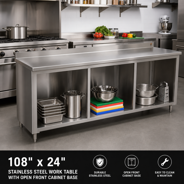 Product image #2 for 108-Inch x 24-Inch Stainless Steel Work Table with Open Front Cabinet Base