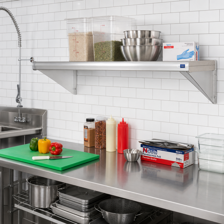 Product image #2 for New Age T-Bar Series Wall-Mounted Cantilever Shelf, 48"W x 24"D, Aluminum, 900 lb. Capacity