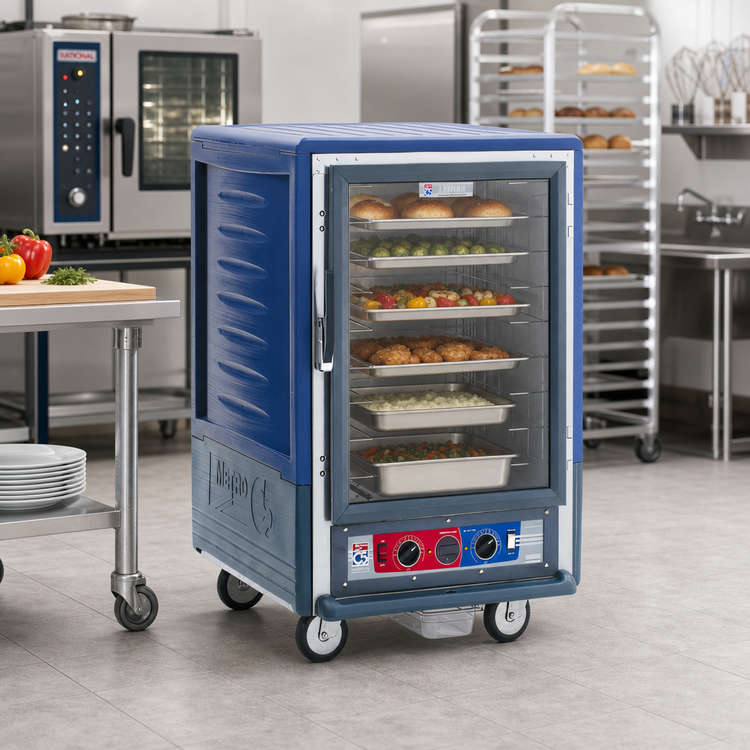 Product image #2 for Metro C5 3 Series Mobile Half-Height Heated Holding & Proofing Cabinet with Blue Insulation Armour, Clear Polycarbonate Door, and Fixed Wire Slides