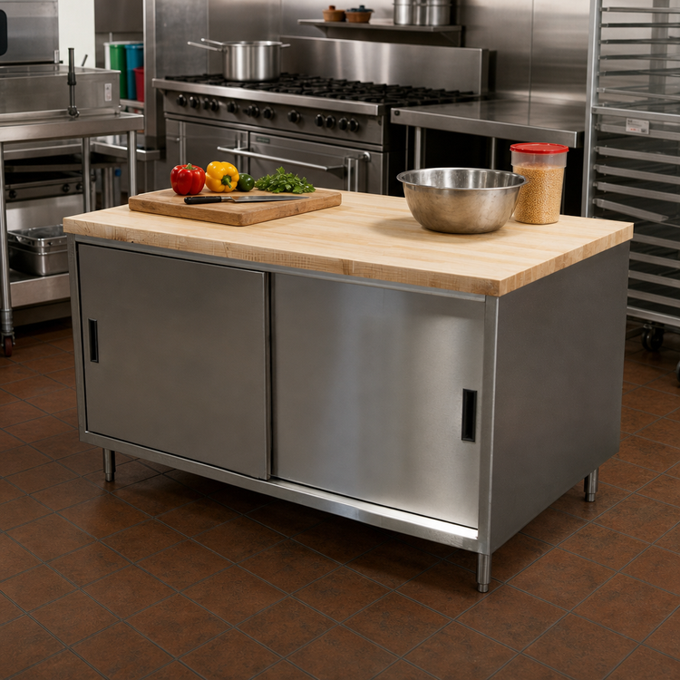 Product image #2 for BK Resources 48 Inch x 30 Inch Chef Table with Hard Maple Top and Sliding Door Cabinet Base