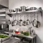Thumbnail image #2 for John Boos Stallion BHS18144PR-16/304 Wall-Mount 16-Gauge Stainless Steel Pot Rack Shelf, Single Bar, 12 Hooks, 144W x 18D x 13H