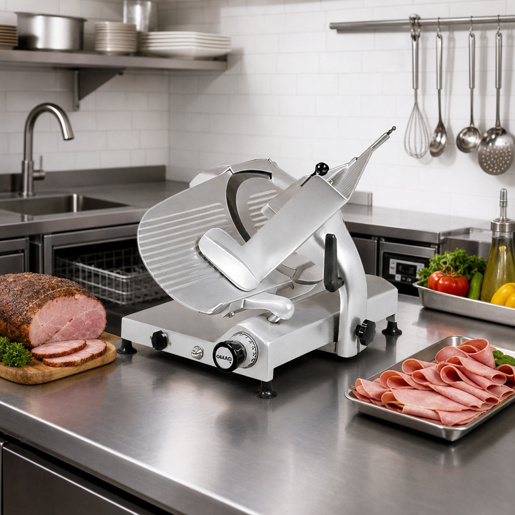 Product image #2 for Omas Trento 13-Inch Gear-Driven Manual Gravity Feed Meat Slicer, 1/3 HP, 110V