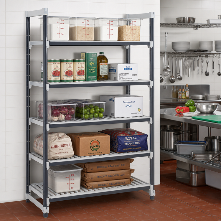 Product image #2 for Cambro Camshelving Elements XTRA 5-Tier Stationary Starter Unit, 21-Inch Deep x 48-Inch Long x 84-Inch High, Vented, Speckled Gray