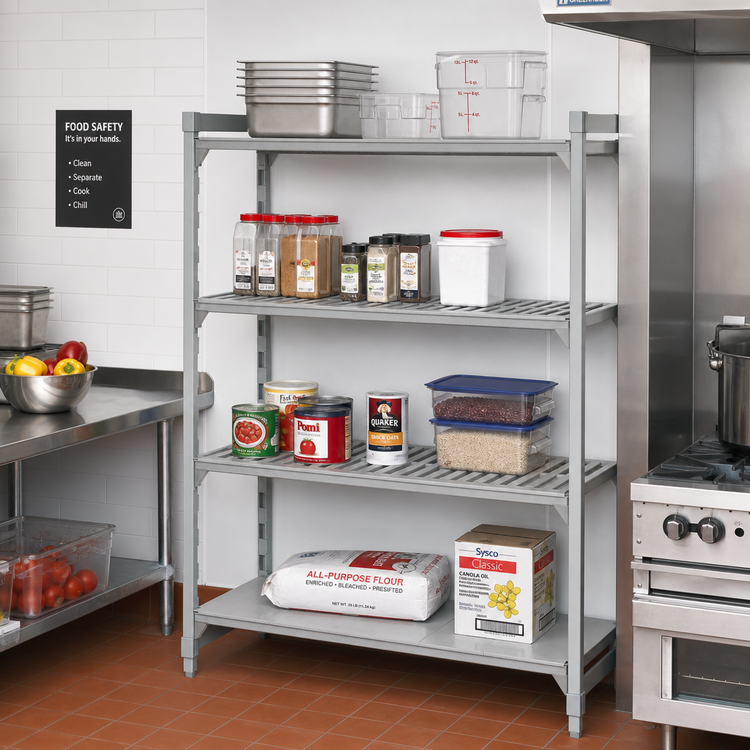Product image #3 for Cambro Camshelving® Premium 18" x 48" x 72" Stationary 4-Tier Add-On Shelving Unit, 3 Vented + 1 Solid, Speckled Gray