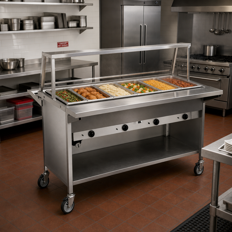 Product image #2 for Atlas Metal CAIH-6 Mobile Hot Food Serving Counter, 6-Well Electric, 91-1/4" Length