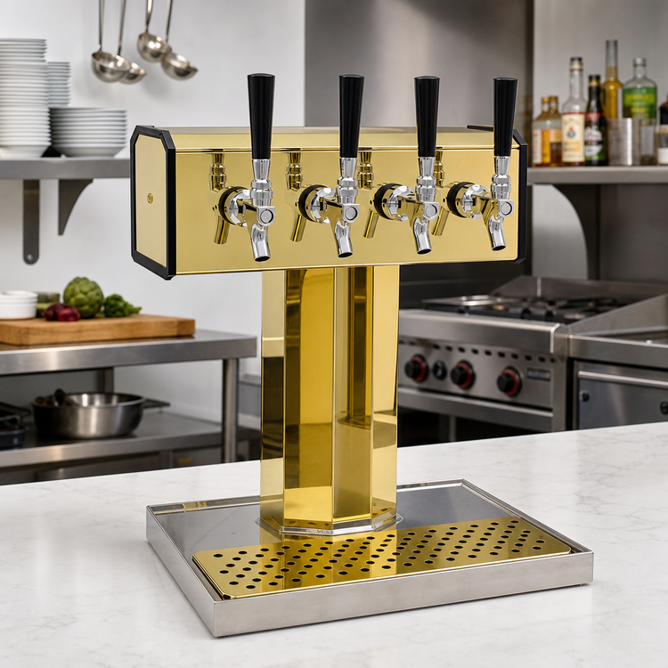 Product image #2 for Glastender Countertop Air-Cooled 4-Faucet Tee Draft Dispensing Tower, Polished Brass Finish