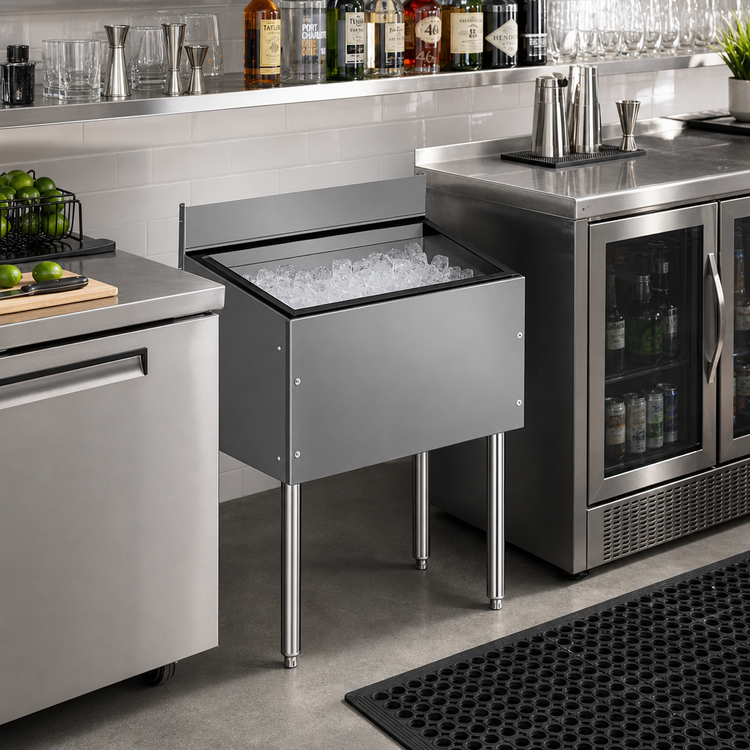 Product image #2 for CHOICE Underbar Stainless Steel Ice Bin with Open-Channel Backsplash, 30 Inch Wide x 24 Inch Deep, 106 lb Capacity