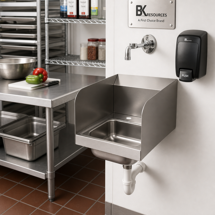Product image #2 for BK Resources Space Saver Wall-Mounted Hand Sink with Side Splashes, 9" x 9" x 5" Bowl, 304 Stainless Steel