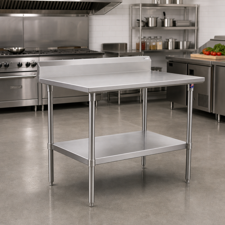 Product image #2 for John Boos Stallion 84"W x 30"D Stainless Steel Top Work Table with 5" Backsplash, Safety Edge, and Adjustable Undershelf