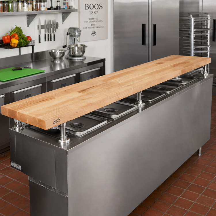 Product image #2 for John Boos 96-Inch Steam Table Cutting Board, Edge Grain Northern Hard Rock Maple, with Adjustable Stainless Steel Supports