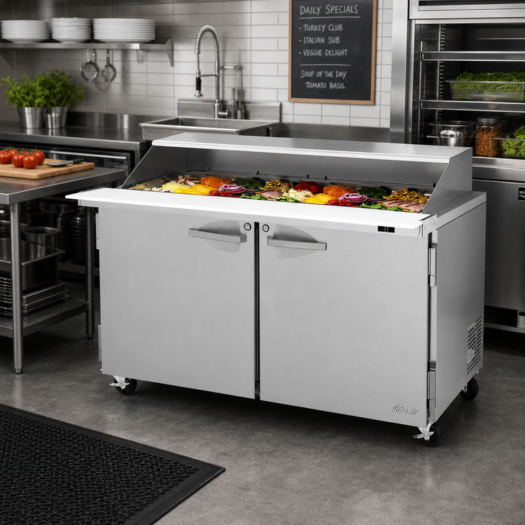 Product image #2 for Turbo Air PRO Series 60-Inch Mega Top Sandwich/Salad Prep Table with Slide Lid, 2-Section, 24-Pan, Rear-Mounted Self-Contained Refrigeration
