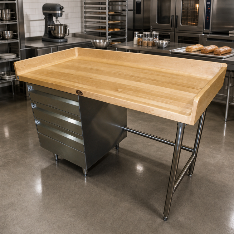 Product image #2 for Advance Tabco 72-Inch x 36-Inch Bakers' Work Table with Wood Top, 4-Inch Splash, and 3-Tier Left Drawer Section