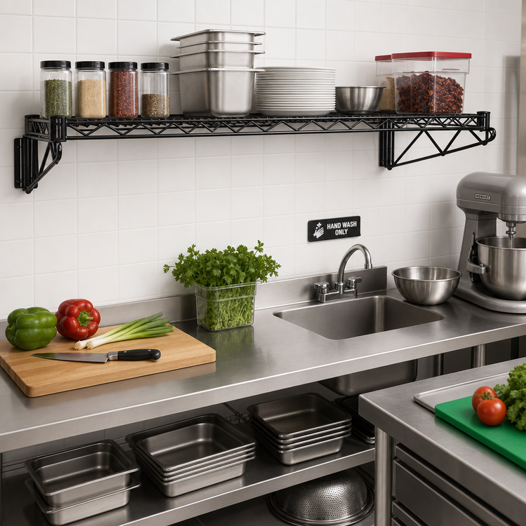 Product image #2 for Quantum Wall-Mount Cantilever Single Wire Shelf, 72 Inch W x 14 Inch D, Black Epoxy Antimicrobial Finish