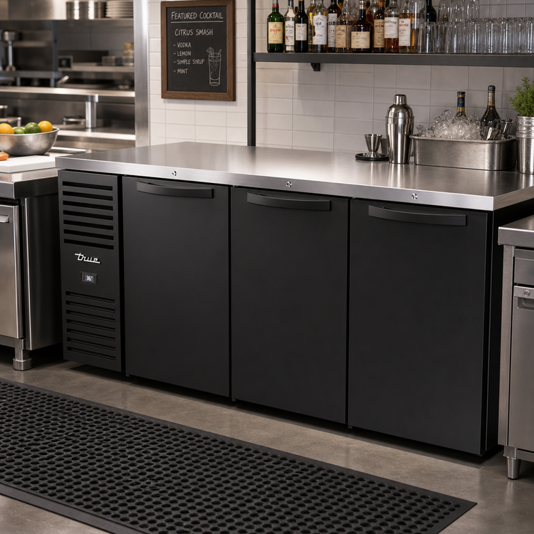 Product image #2 for 72-Inch Three-Section Refrigerated Back Bar Cooler with Solid Hinged Locking Doors and Stainless Steel Countertop