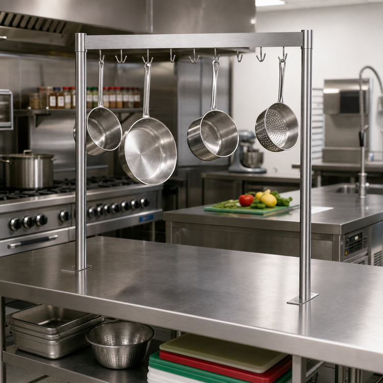 Product image #3 for Klinger's Trading 48-Inch Adjustable Table-Mount Stainless Steel Pot Rack with Double-Pronged Hooks