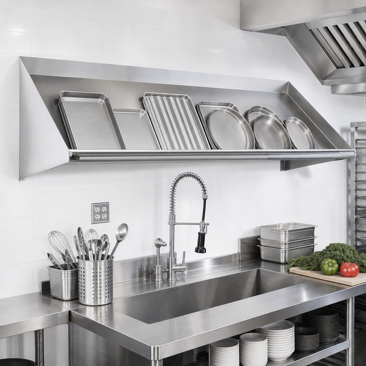 Product image #2 for Wall-Mounted Slanted Dish Rack Shelf, 72 Inch x 22-1/2 Inch x 14-1/4 Inch, 404 Stainless Steel