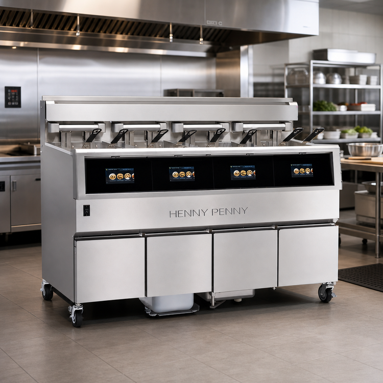 Product image #2 for Henny Penny F5 4-Well Electric Open Fryer with Built-In Filtration and 30 lb Vats