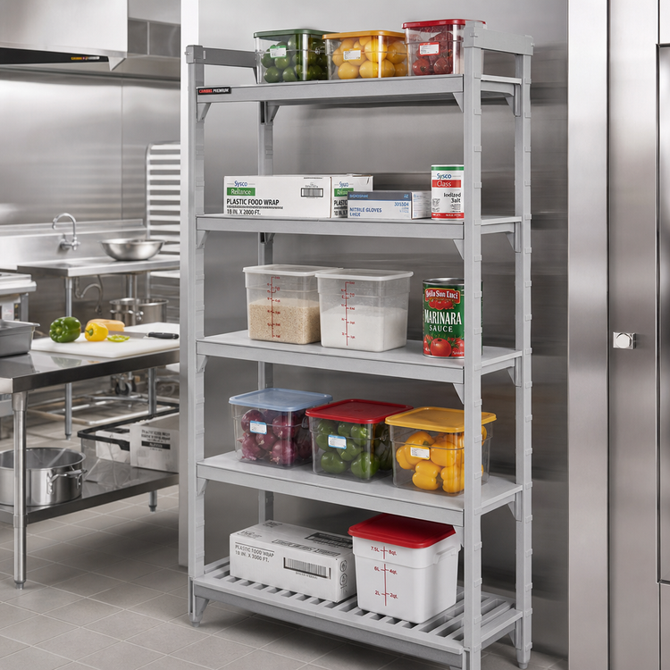 Product image #3 for Cambro Camshelving Premium Polymer Shelf Kit, 18"W x 60"L, 5 Shelves, Vented and Solid, Speckled Gray