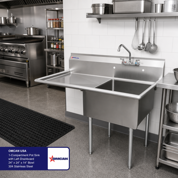 Product image #2 for Omcan USA 1-Compartment Pot Sink with Left Drainboard and 24 x 24 x 14 Bowl, 304 Stainless Steel