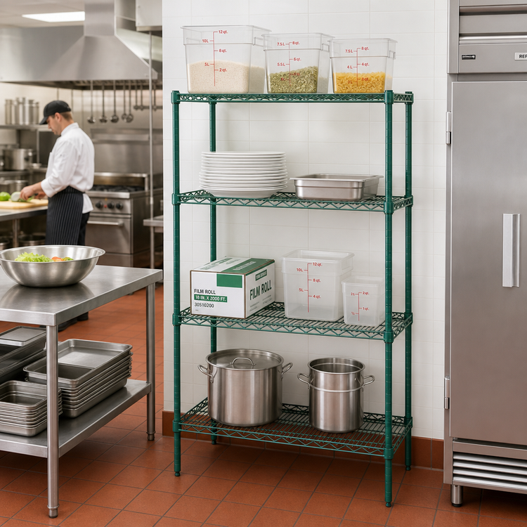 Product image #2 for Quantum 30"W x 14"D x 54"H Stationary Wire Shelving Starter Kit, 4 Shelves, Green Epoxy Antimicrobial Finish