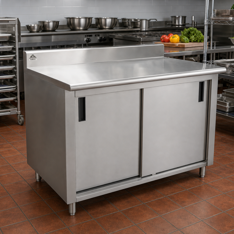 Product image #2 for Advance Tabco 120-Inch Enclosed Stainless Steel Work Table with Sliding Doors, 14-Gauge 304 Top, and 5-Inch Backsplash