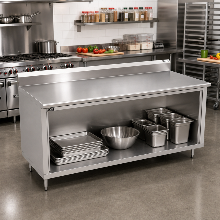 Product image #2 for John Boos 84 Inch x 36 Inch Stainless Steel Work Table with Open Front Cabinet Base, 5 Inch Backsplash and Stallion Safety Edge