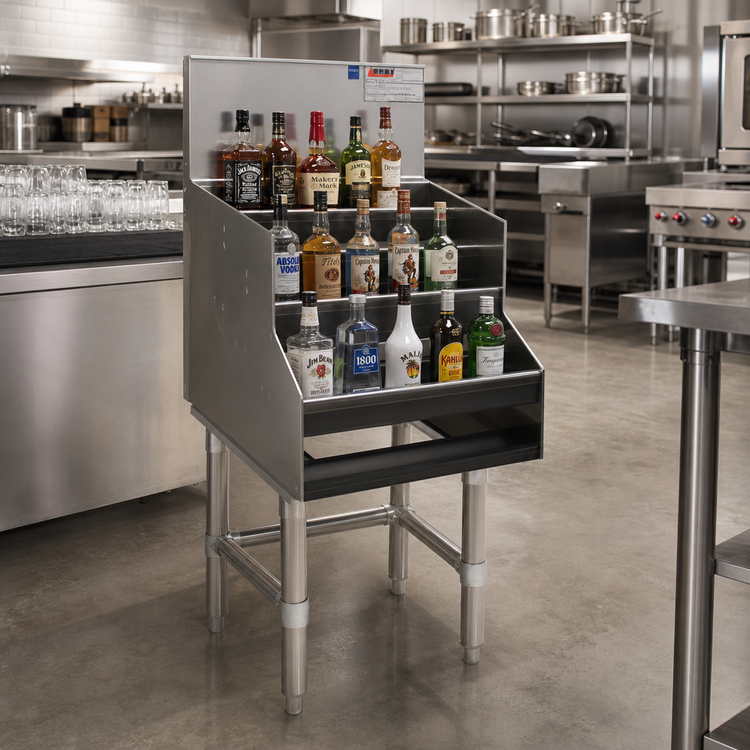 Product image #2 for Spec-Bar 12" x 29" Free-Standing 4-Step Open Step-and-Rail Liquor Bottle Display Unit, Single Speed Rail Alignment, Stainless Steel