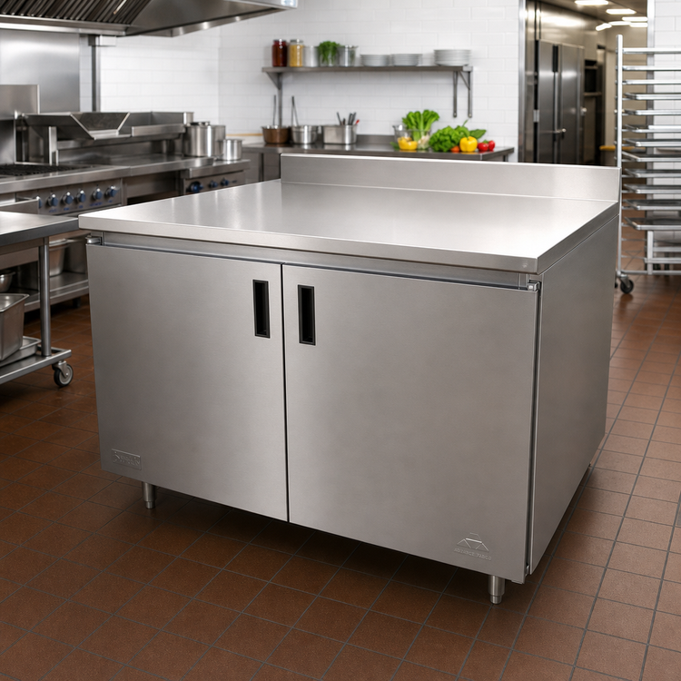 Product image #2 for Advance Tabco Enclosed Stainless Steel Work Table with Cabinet Base, Mid-Shelf and Hinged Doors, 144 x 36 Inch, 14-Gauge 304 Top