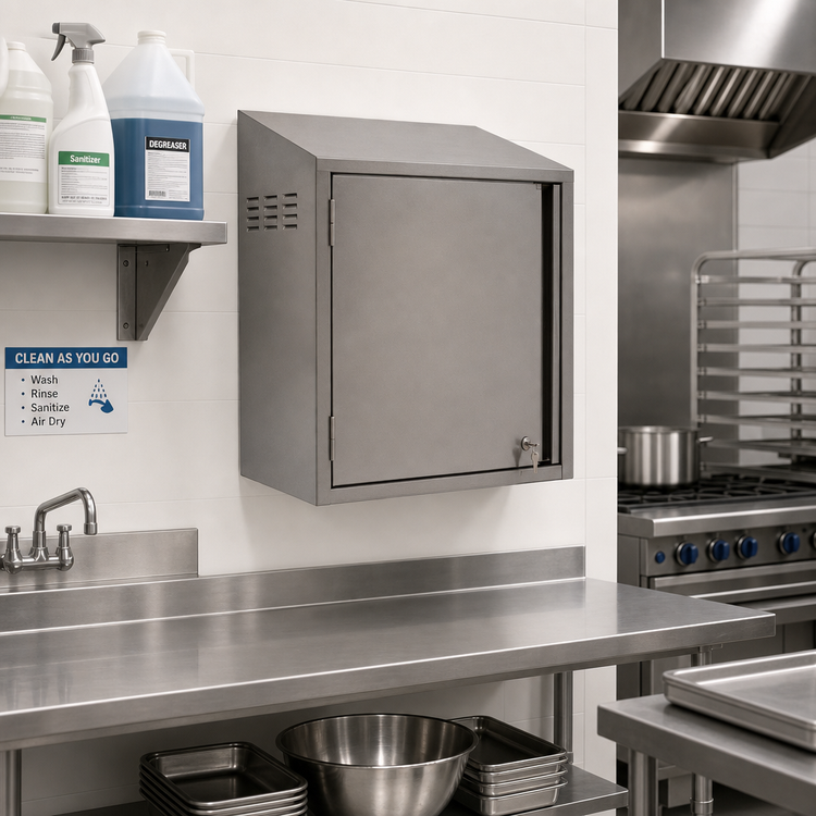 Product image #2 for Wall-Mounted Chemical Storage Cabinet with Sloped Top, 24W x 15D x 28H, Stainless Steel, Locking Left-Hinged Door