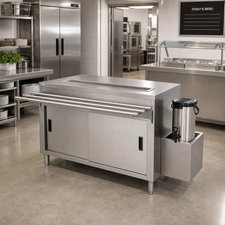 Product image #2 for Cashier-Serve Stainless Steel Serving Counter with Sliding Doors and Door-Side Urn Trough, 48 Inch W x 30 Inch D