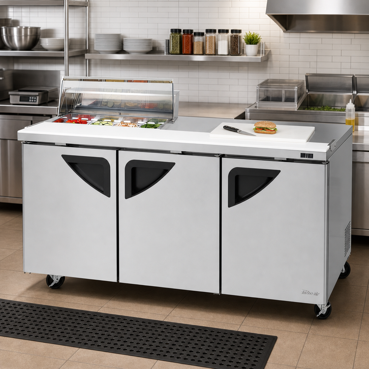 Product image #2 for Turbo Air Super Deluxe 72-5/8" Clear Top 3-Door Three-Section Sandwich/Salad Prep Table with Right Work Station and 8-Pan Opening