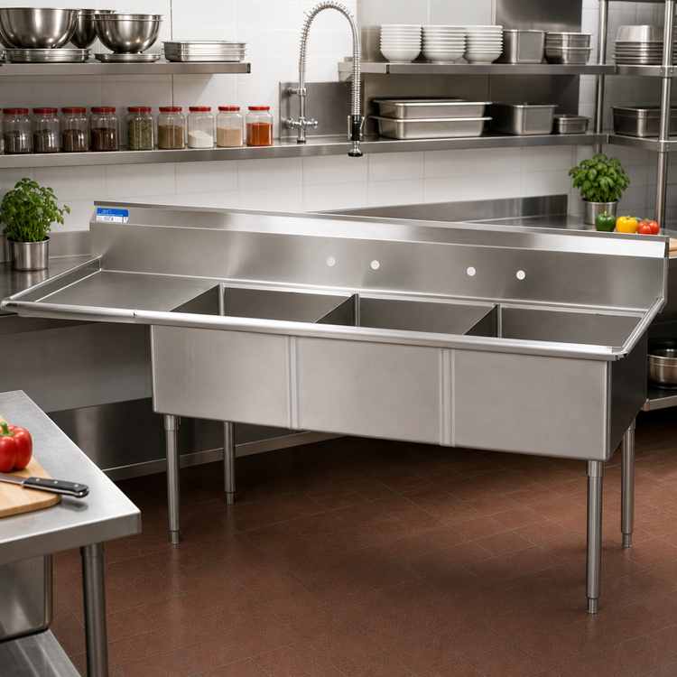 Product image #2 for BK Resources Three-Compartment Stainless Steel Sink with Left Drainboard and 24 x 24 x 14 Bowls