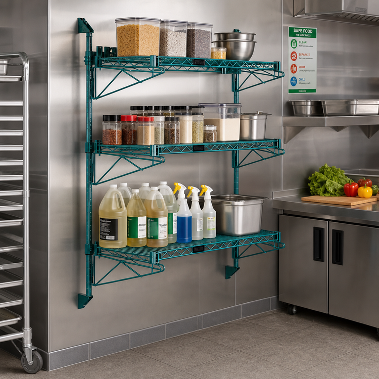 Product image #2 for Quantum Wall-Mount Cantilever Shelving Starter Unit with 3 Wire Shelves and 54-Inch Posts