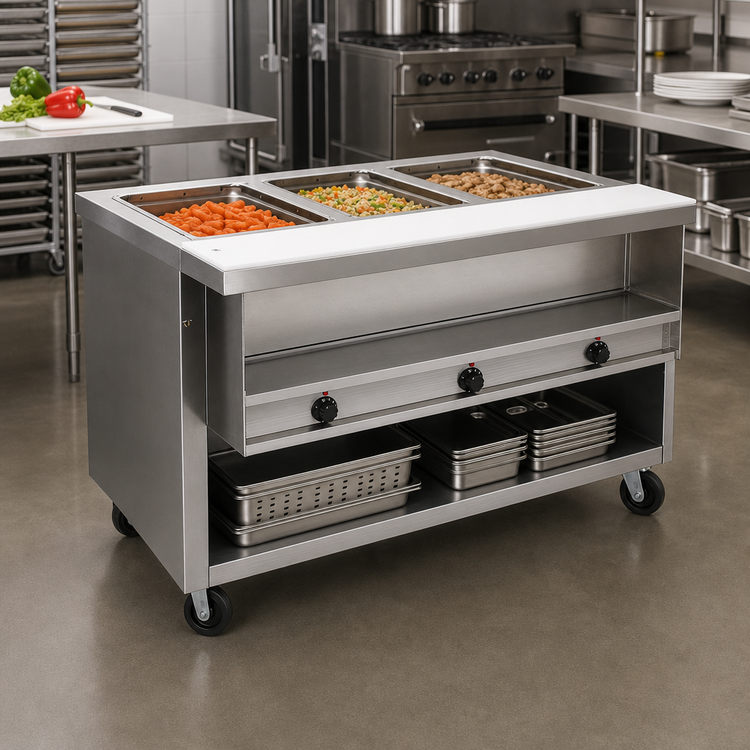 Product image #2 for Advance Tabco Heavy Duty 3-Well Electric Sealed Well Hot Food Table with Enclosed Storage Base, 208/240V