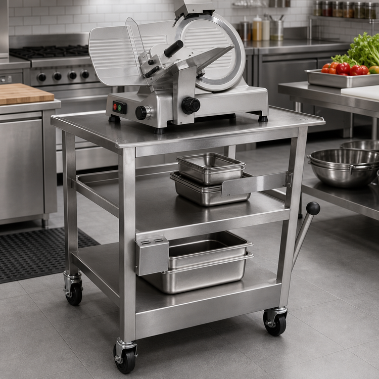 Product image #2 for Mobile Stainless Steel Slicer Equipment Stand with Undershelves and Sharpener Holder
