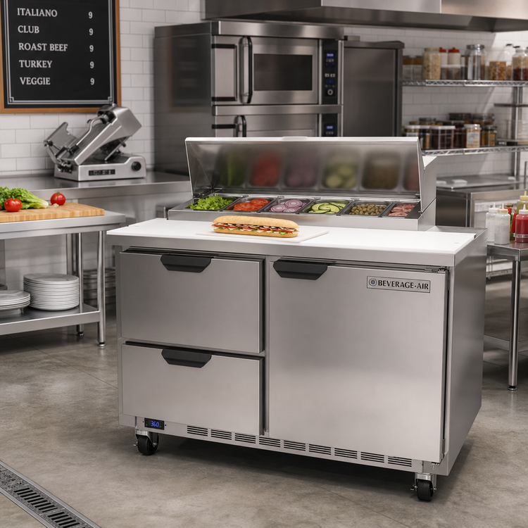 Product image #3 for Beverage-Air SPED48HC-08-2 48-Inch Two-Section Sandwich Top Refrigerated Counter, 13.0 Cu. Ft., 8 Pan Openings, 1 Door and 2 Drawers