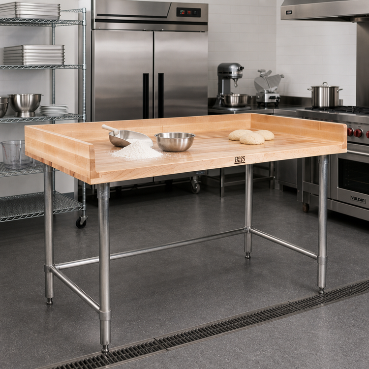 Product image #2 for John Boos Bakers' Table with 1-3/4-Inch Northern Hard Rock Maple Top, Stainless Steel Legs, and 4-Inch Coved Riser