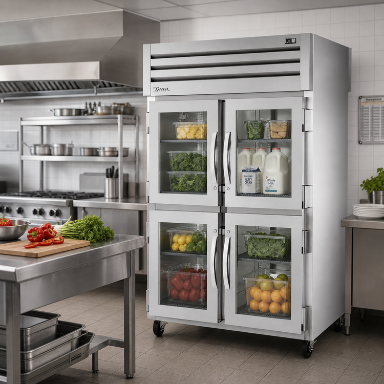 Product image #2 for True SPEC SERIES Two-Section Pass-Thru Refrigerator with 4 Glass Front Half Doors and 2 Stainless Rear Doors